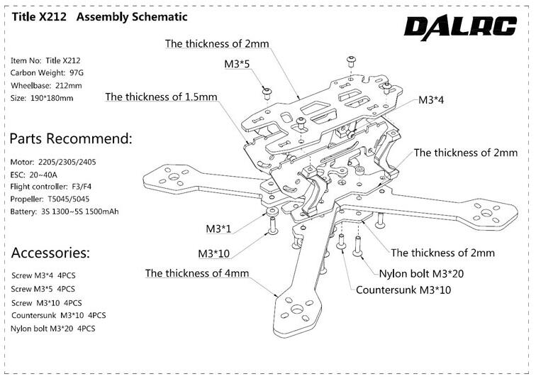 DALRC Title X212 212mm Wheelbase 4mm Arm Carbon Fiber RC Drone FPV Racing Frame Kit w/ Buzzer LED Board 97g