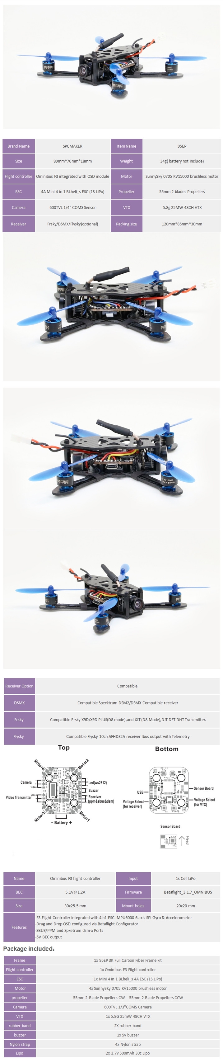SPC Maker 95EP 95mm RC FPV Racing Drone BNF With Omnibus F3 4in1 BLheli_S 4A 25mW 48CH 600TVL