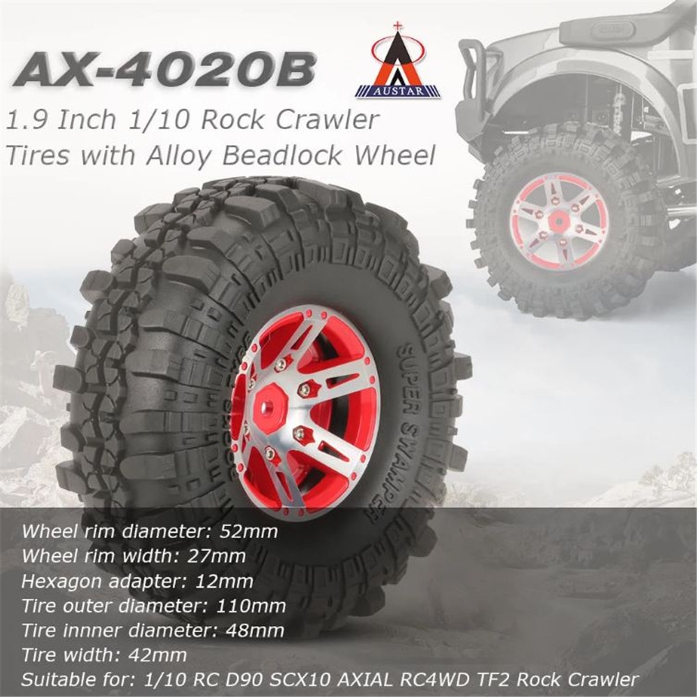 4Pcs AUSTAR AX-4020B 1.9 Inch 110mm 1/10 Rc Car Tires With Alloy Hub For D90 SCX10 AXIAL TF2 RC Car