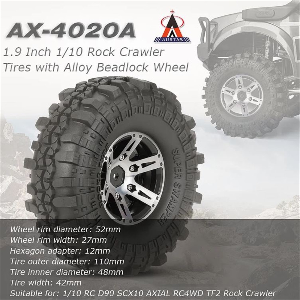 4Pcs AUSTAR AX-4020A 1.9 Inch 110mm 1/10 RC Car Tires with Alloy Hub For D90 SCX10 AXAIL RC4WD TF2 R