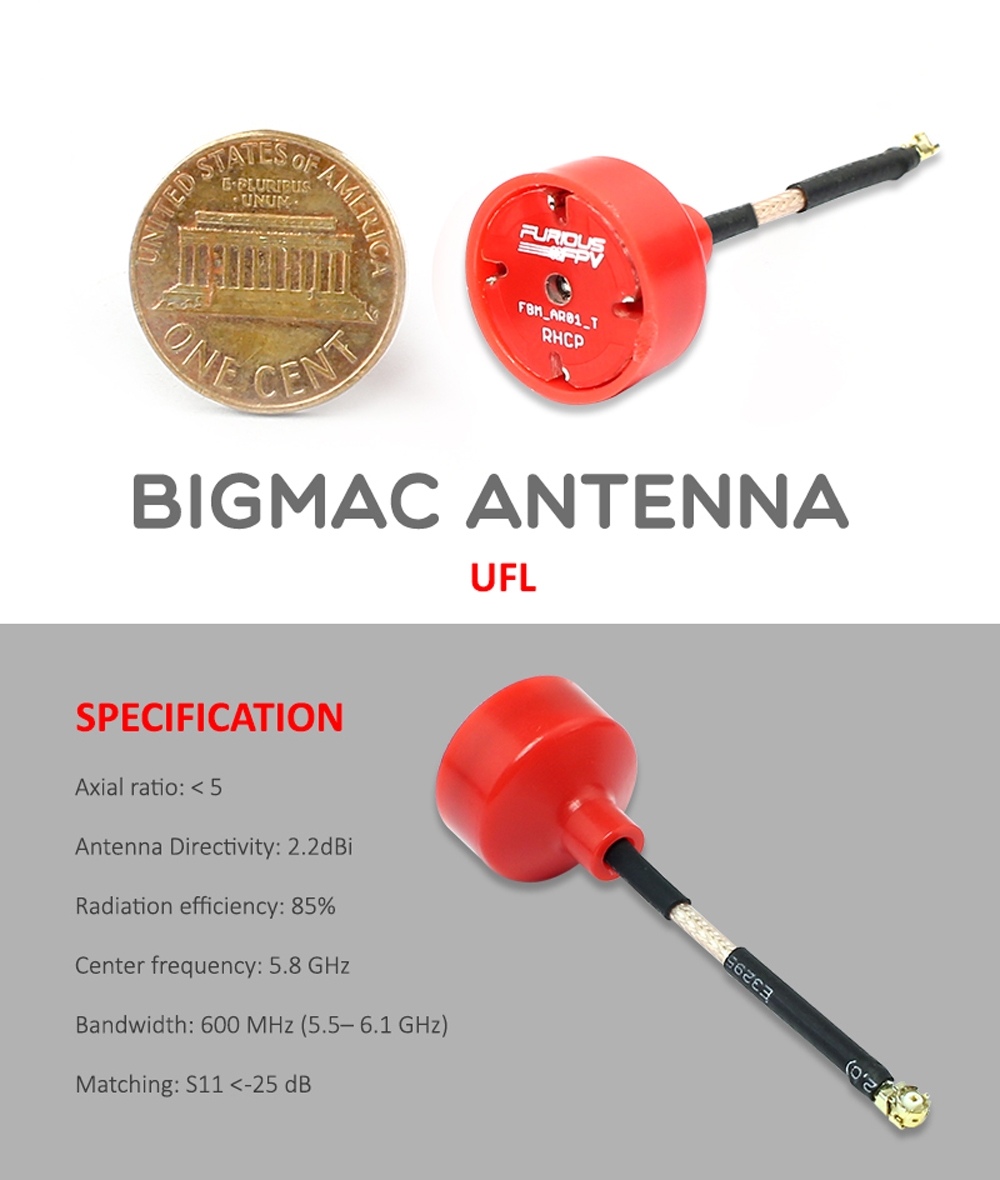 FuriousFPV 5.8G 2.2dBi BigMac Antenna U.FL - RHCP Red 2 Pieces for RC Drone