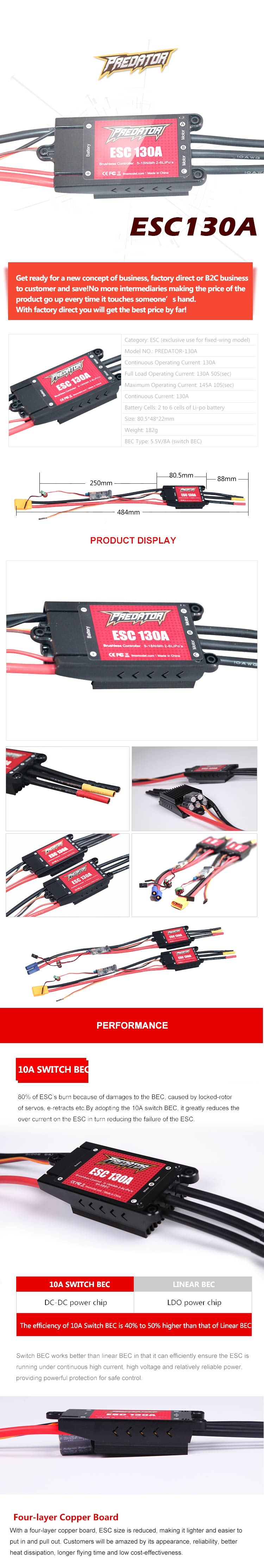 FMS Predator 130A Brushless ESC XT90 With 10A Switch BEC/Without BEC for RC Airplane