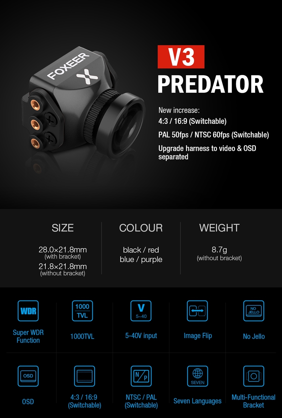 Foxeer Predator V3 16:9/4:3 PAL/NTSC Switchable 1000TVL Super WDR OSD 4ms Latency Mini FPV Camera
