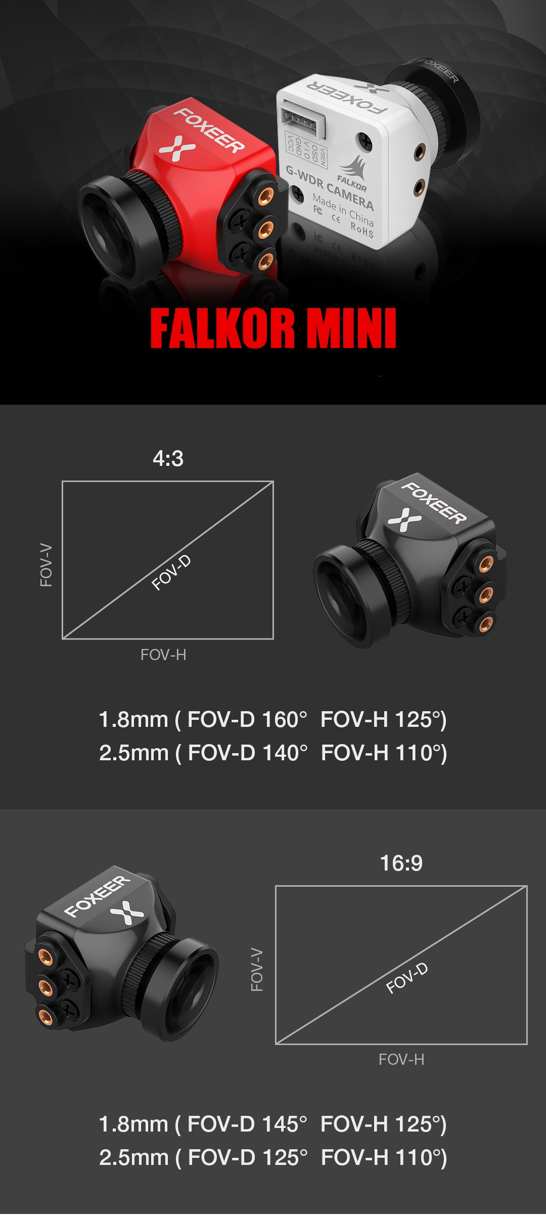 Upgraded Foxeer Falkor 1200TVL 1/3 CMOS Mini/Full Size FPV Camera 16:9/4:3 PAL/NTSC Switchable GWDR