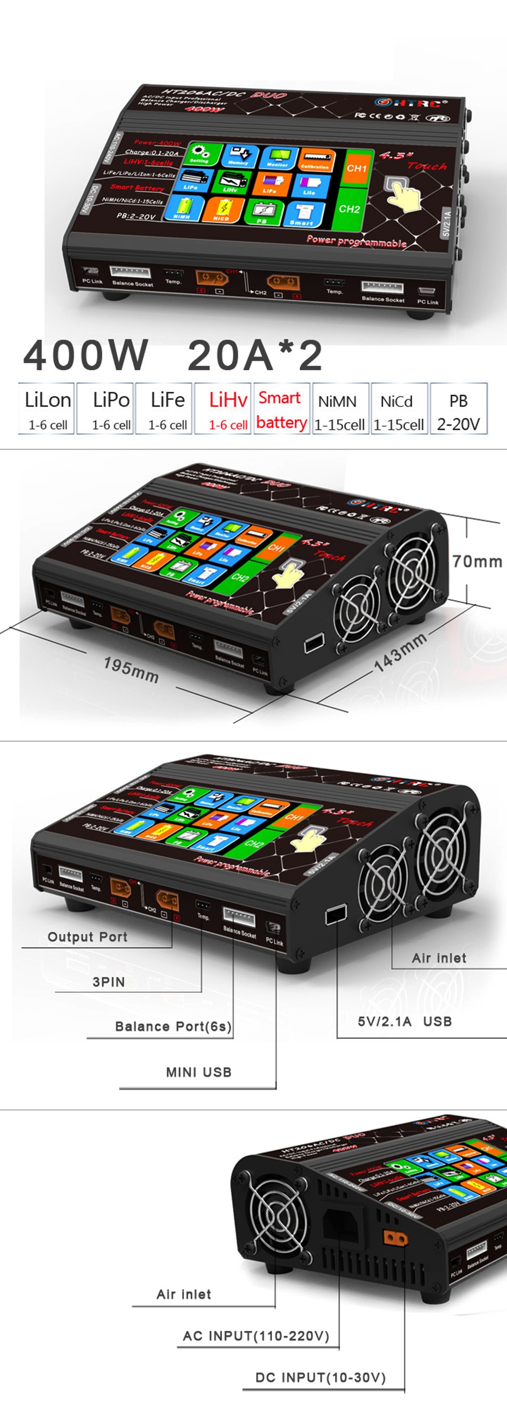 HTRC HT206 DUO AC/DC 2X200W 2X20A 4.3 Inch LCD Touch Screen Dual Battery Balance Charger Discharger