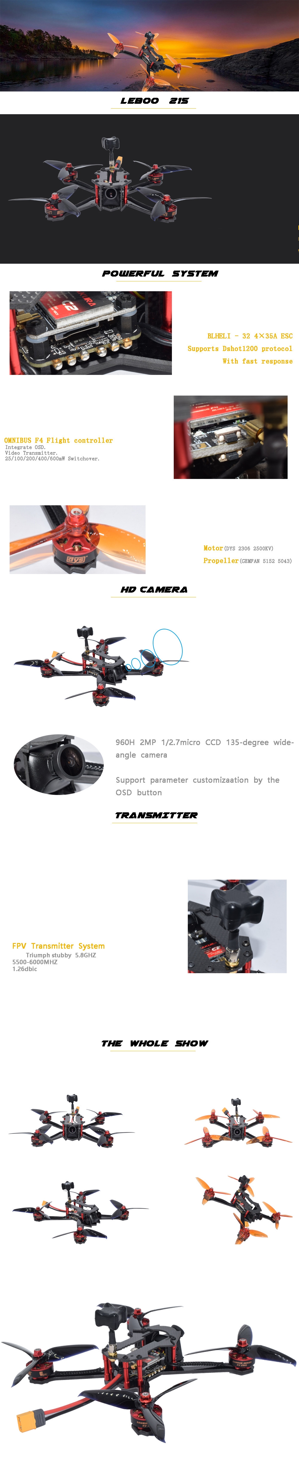 AuroraRC LEBOO 215mm RC FPV Racing Drone PNP BNF OMVT F4 BLHeli_32 4in1 35A 960H CCD Camera