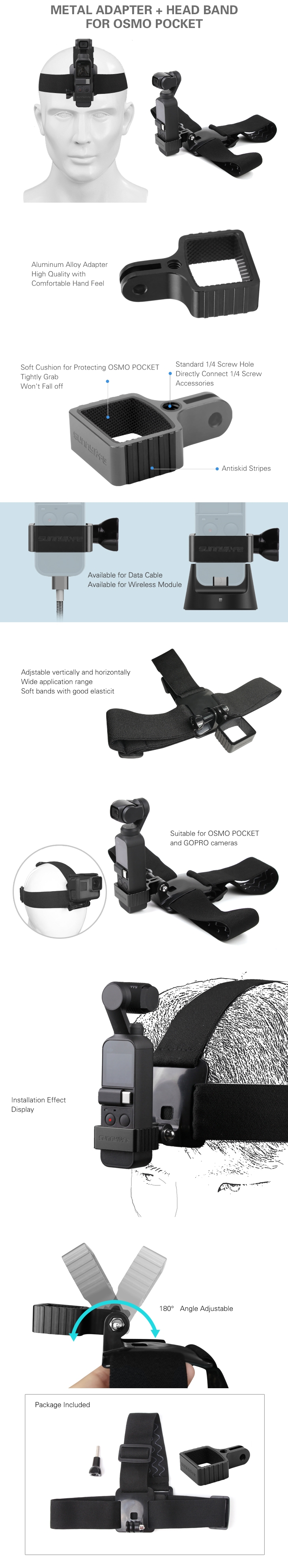 Sunnylife OSMO Pocket Gimbal Expansion Bracket with Head Mount Elastic Bandage Adjustable Horizontal Vertical Holder Adatper Accessories for DJI GoPro Camera