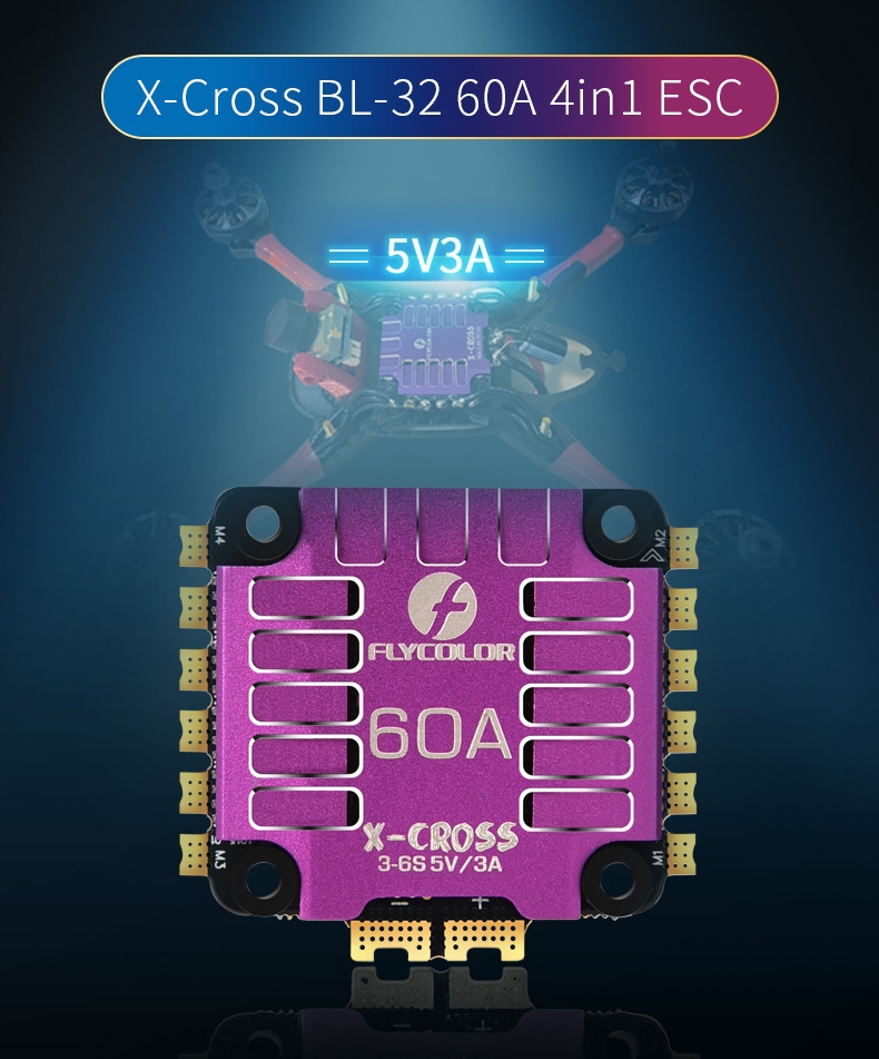 Flycolor X-Cross 60A BLheli_32 3-6S 4in1 Brushless ESC w/ 5V BEC Output for RC Drone FPV Racing