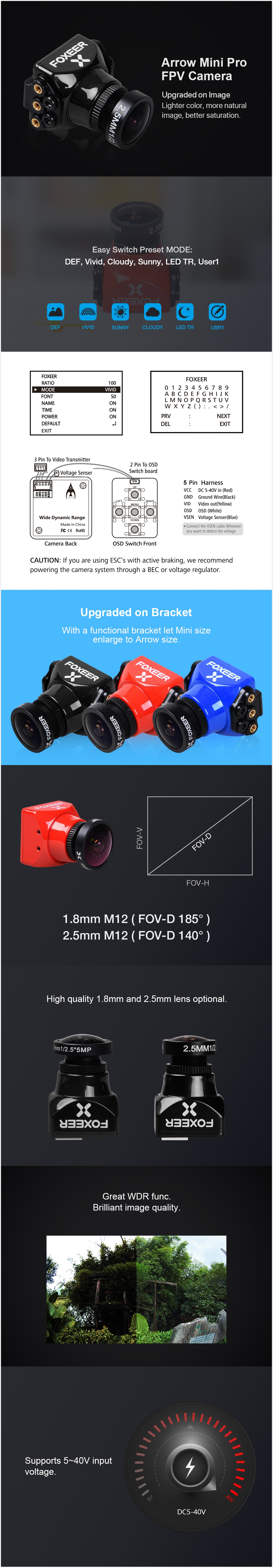 Foxeer Arrow Mini/Standard Pro 1.8mm 650TVL 4:3 WDR FPV Camera Built-in OSD With Bracket NTSC/PAL For RC Drone