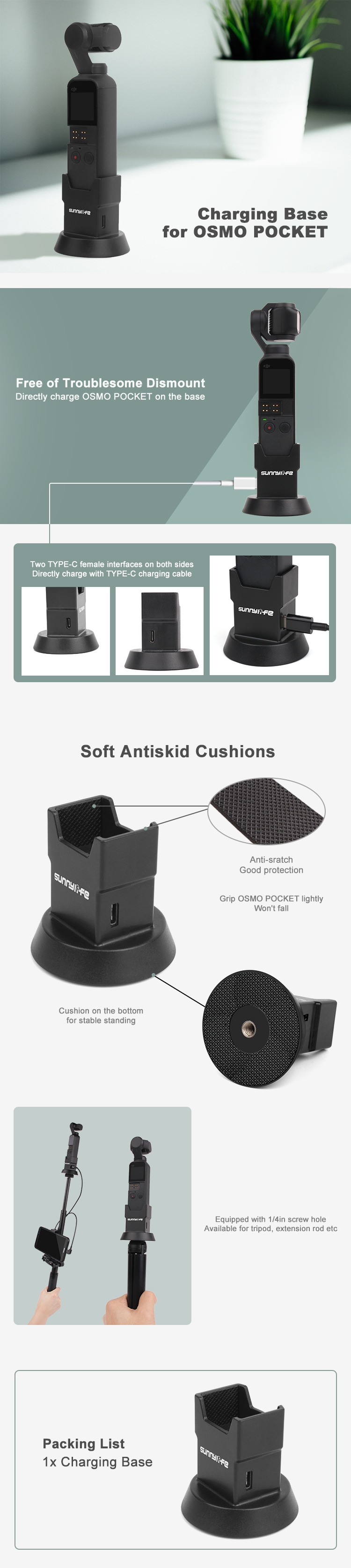 Sunnylife Charging Base Type-C Charge Interface Adapter Connector for DJI OSMO POCKET Gimbal