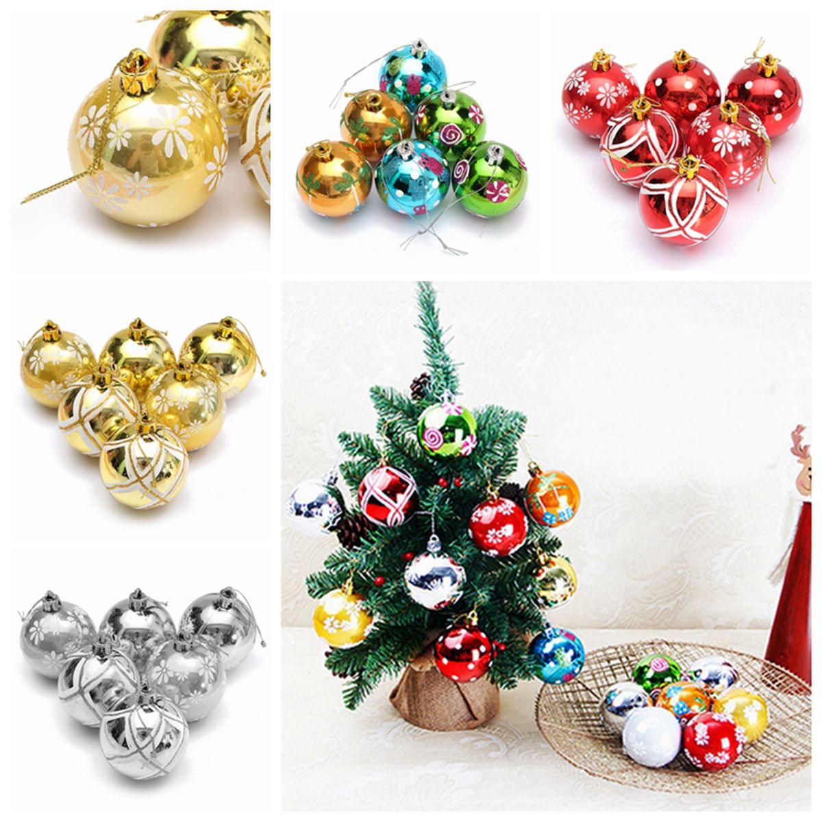 Plastic Christmas Baubles Handmade & Painted Ball Tree Balls Decorations 6/24PCS