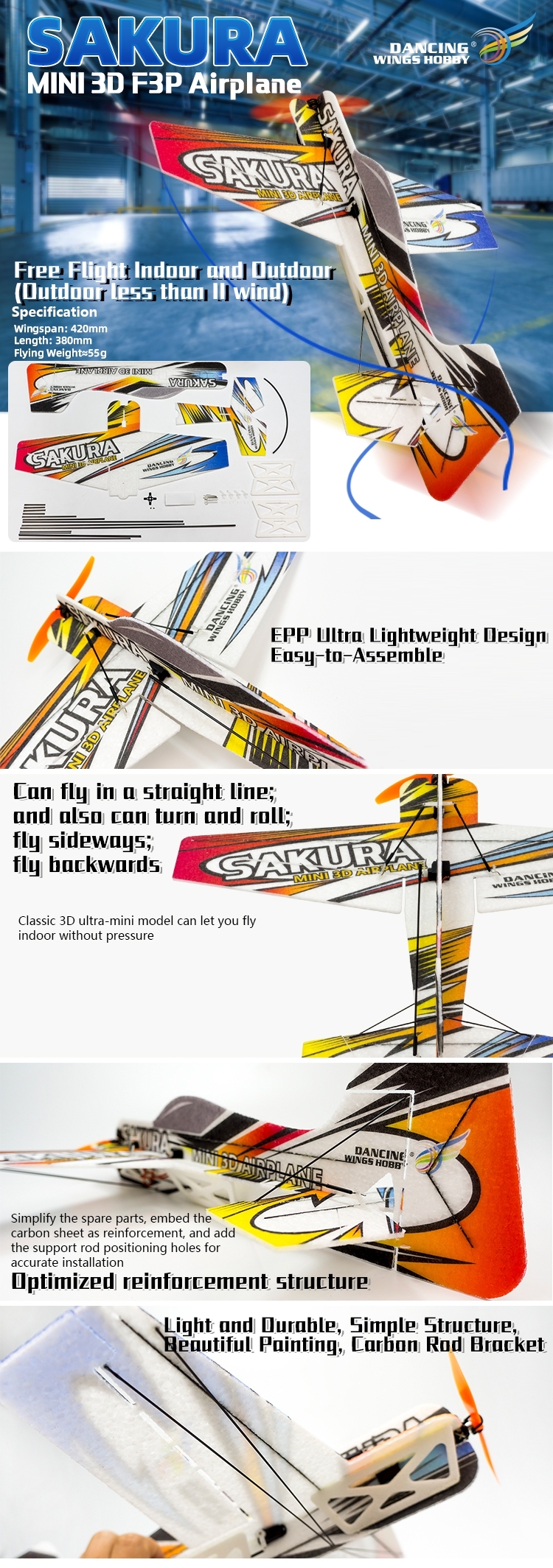 SAKURA E2101 MINI 3D Airplane Kit 420mm Wingspan Trainer for Beginner RC Aircraft Stunt Plane Drone