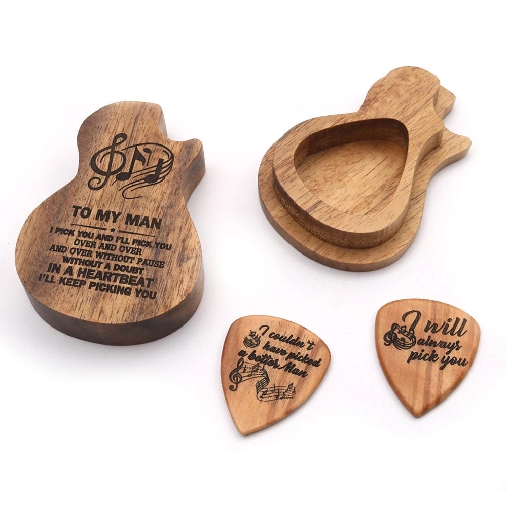 Wooden Guitar Pick Box Holder Collector with 3 PCS Wood Picks Guitar Picks Guitar Accessories