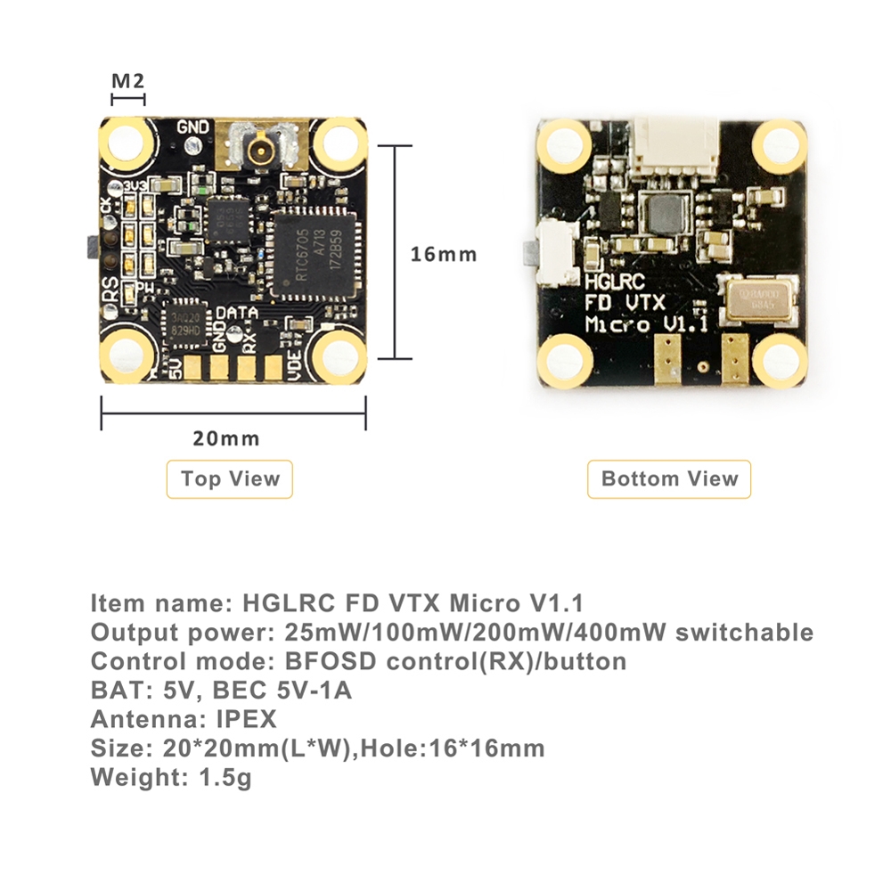 HGLRC FD VTX Micro 48CH 16X16mm PIT/25mW/100mW/200mW/400mW Switchabe FPV Transmitter VTX for FPV RC Drone