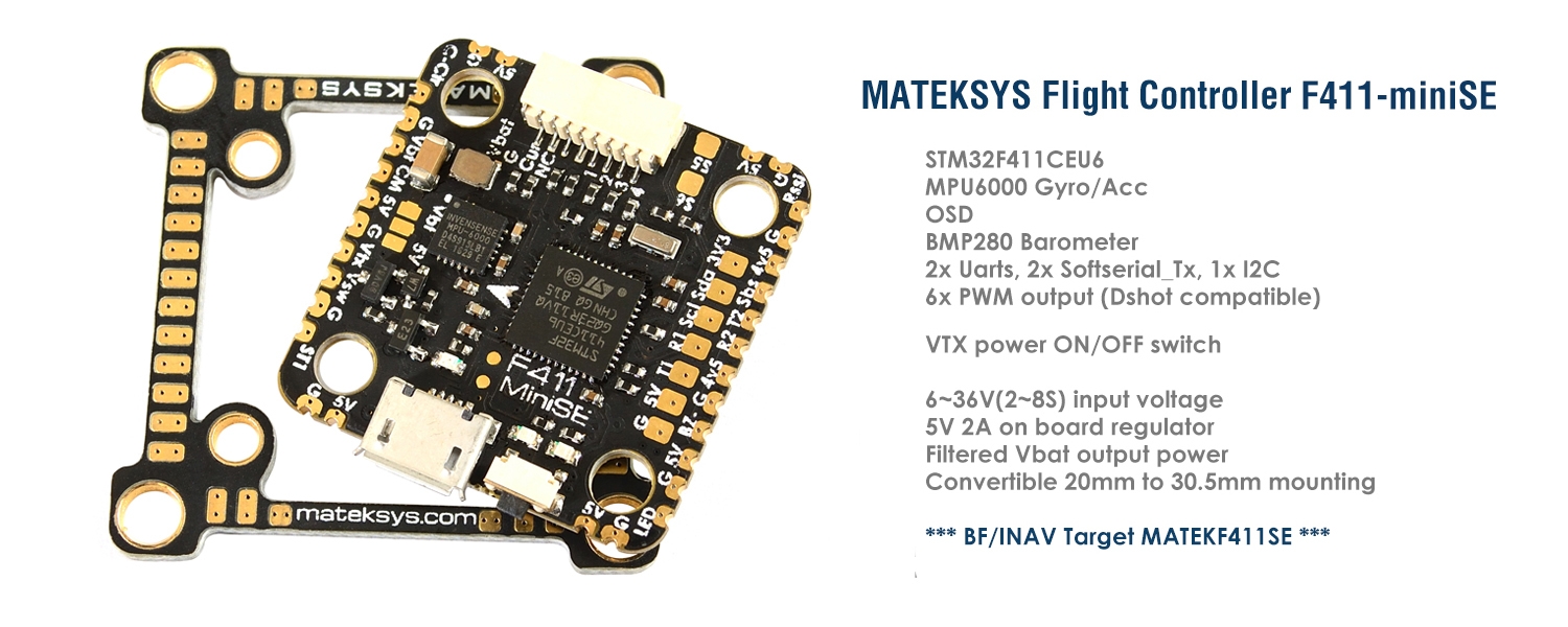 MATEKSYS F411-MINI SE Flight Controller OSD 5V/2A MPU6000 2~8S VTX Powre Switch 30.5mm/20mm for RC Drone