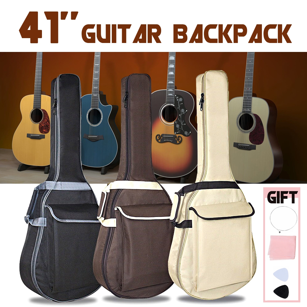 41 Inch Double Straps Padded Waterproof Shockproof Rubber Bottom Guitar Gig Bag Guitar Carrying Case