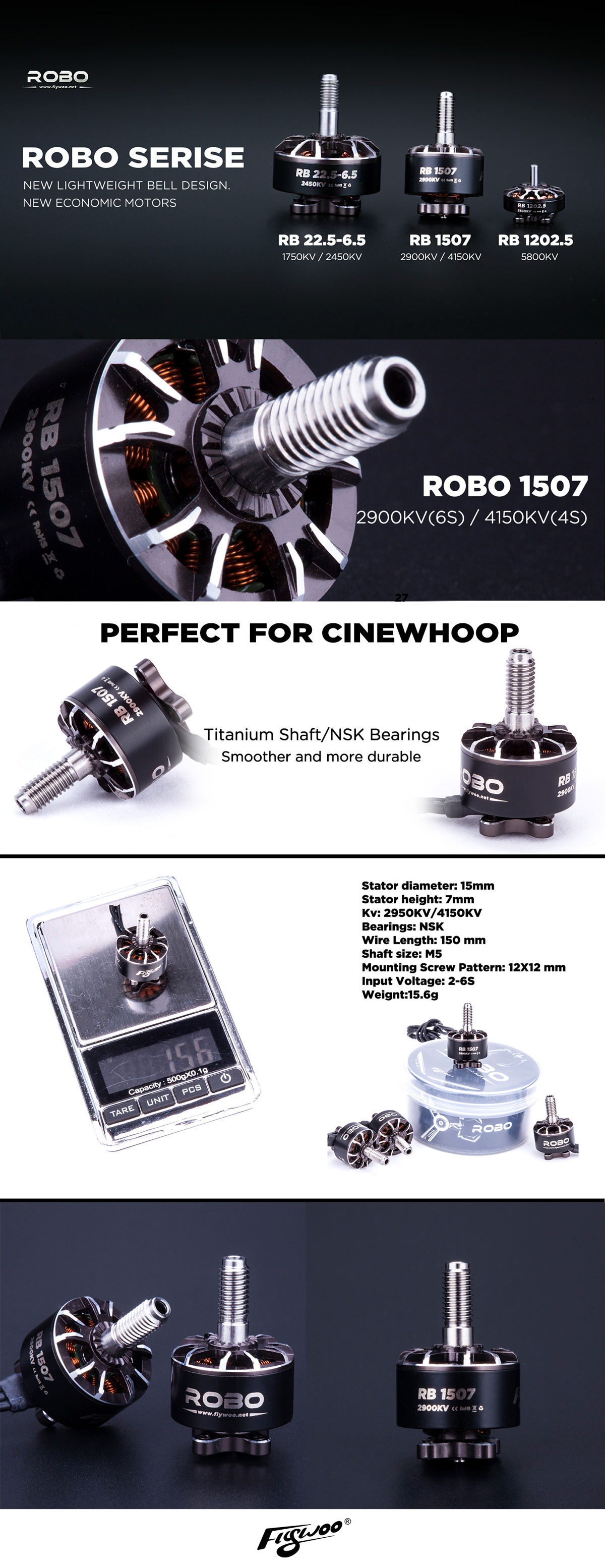 Flywoo ROBO Series Cinewhoop RB 1507 4S 2900KV 6S 4150KV Titanium Shaft FPV Brushless Motor For FPV Racing