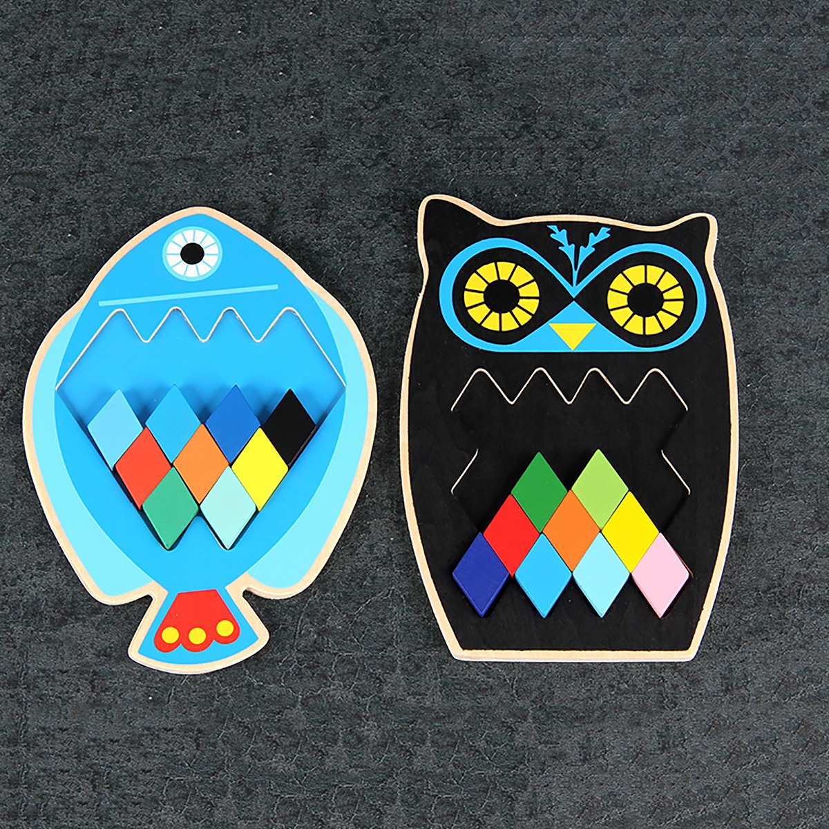 Wood DIY Assembly Jigsaw Puzzle Toy Colors Shapes Cartoon Fish Owl Matching Cards Toy for Children Learning