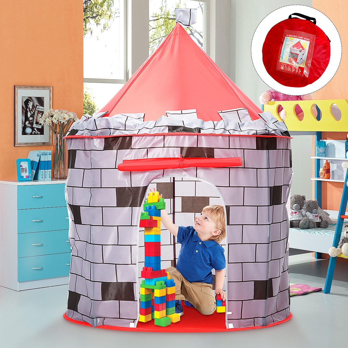 Knight Themed Folding Castle Pops Up Tent Play Toys for Kids Indoor Outdoor Playhouse Gift