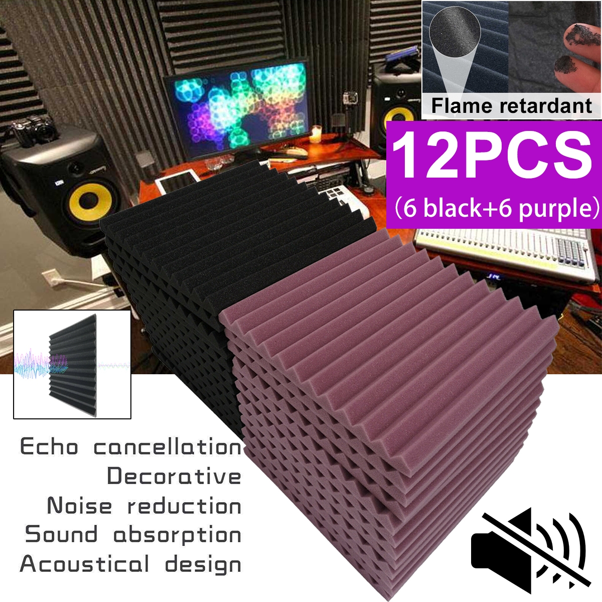12PCS 1.2X12X12" Acoustic Soundproof Foam Wedge Studio Soundproofing Wall Panels Tiles