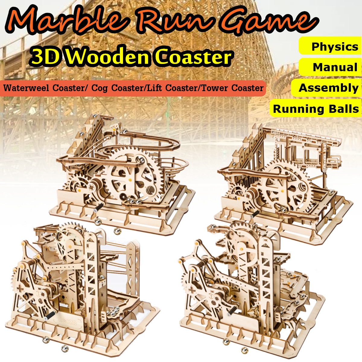 Robotime 4 Kinds Hand Crank Marble Run Game DIY Coaster Wooden Model Building Kits Assembly Toy Gift for Children Adult