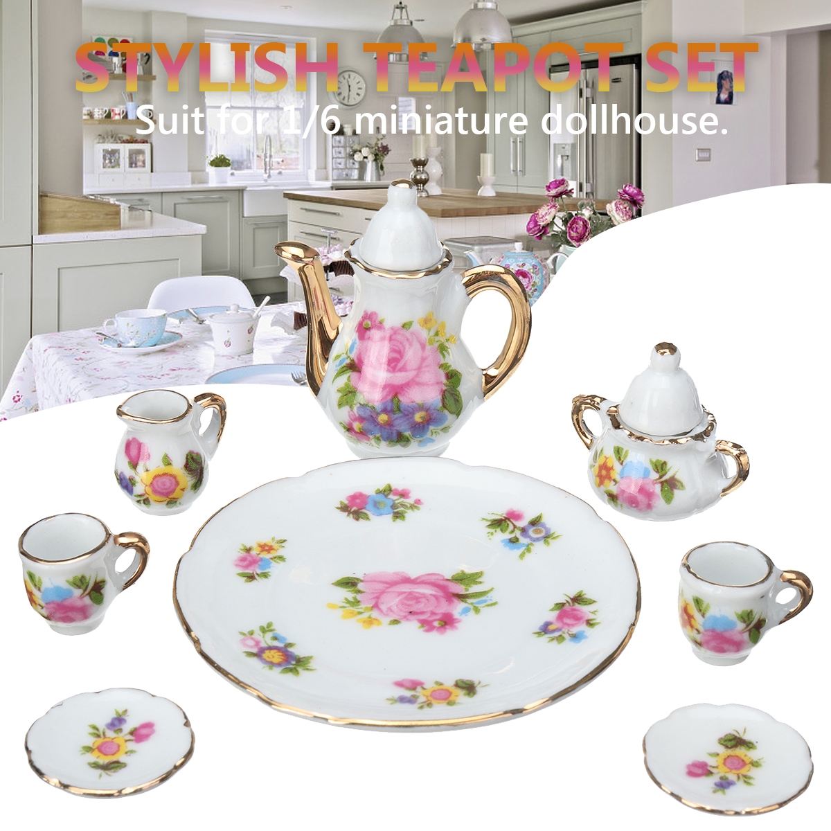 8pcs New Porcelain Tea Set Teapot Vintage Style Coffee Teacup Retro Floral Cups