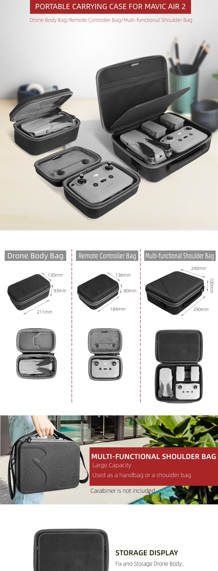 Sunnylife Portable Waterproof Storage Shoulder Bag Carrying Case Box Suitcase for DJI Mavic Air 2 RC Drone