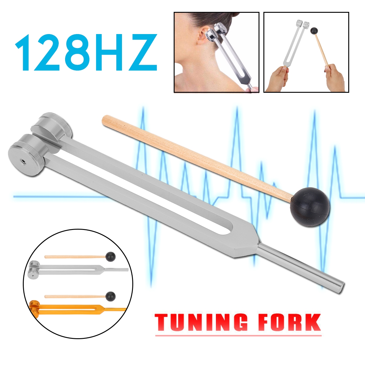 128HZ Aluminum Alloy Silver Tuning Fork Chakra Hammer Ball Diagnostic Tools