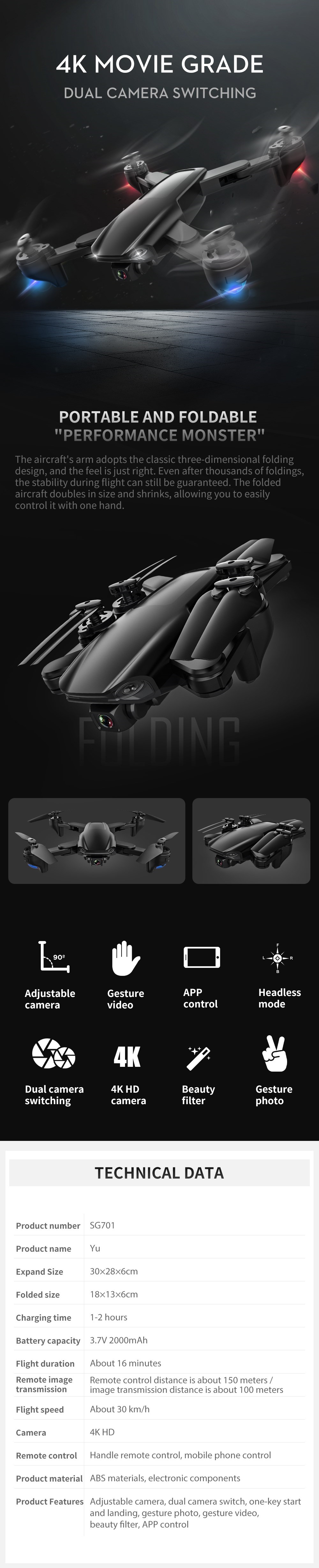 ZLRC SG701 2.4G WIFI FPV With 4K 720P Switchable Dual Cameras Foldable RC Quadcopter Drone RTF