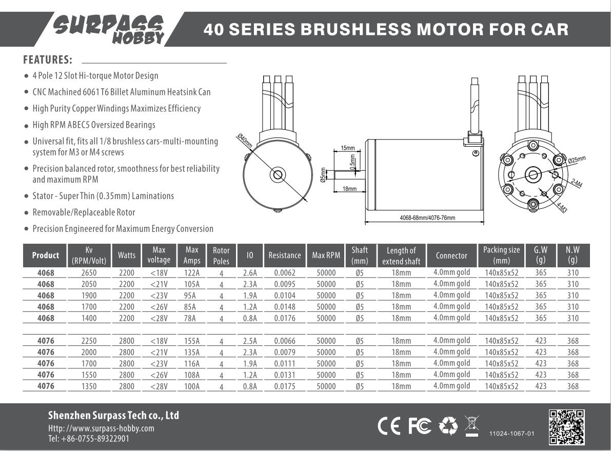 SURPASS-HOBBY KK4076 Motor 22500KV+KK 150A Brushless ESC+20KG Servo Extended Brushless Upgrade Kit For RC Car Boat Parts
