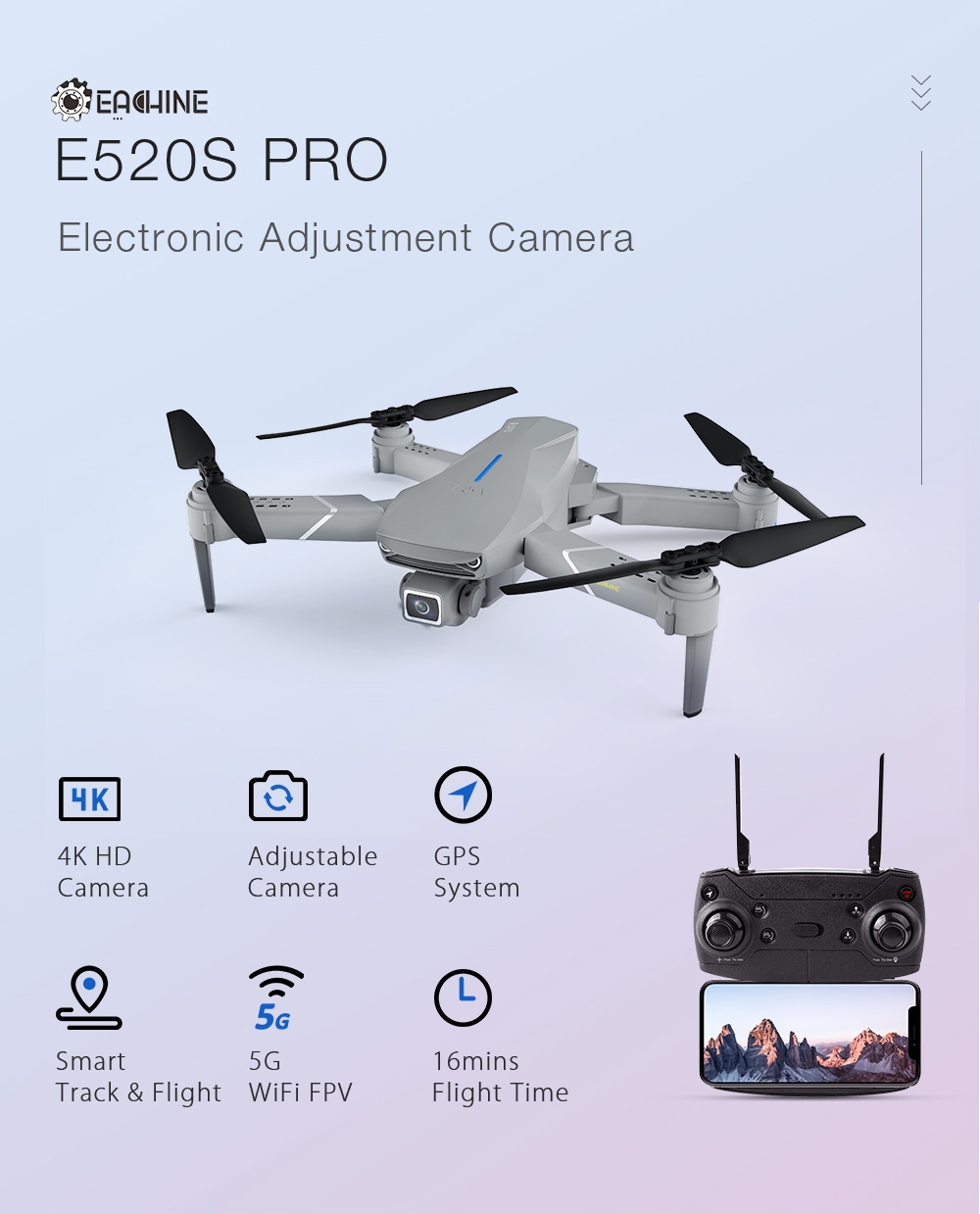 Eachine E520S PRO GPS WIFI FPV With 4K HD Camera Adjustment Angle 16mins Flight Time Foldable RC Drone Quadcopter RTF