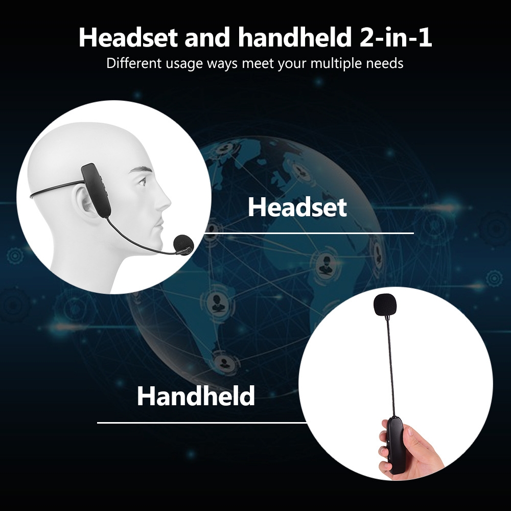 Wireless Microphone Headset, UHF Wireless Headset Mic System, 160ft Range, Headset Mic and Handheld Mic 2 In 1, 1/8''＆1/4'' Plug, For Speakers, Voice Amplifier