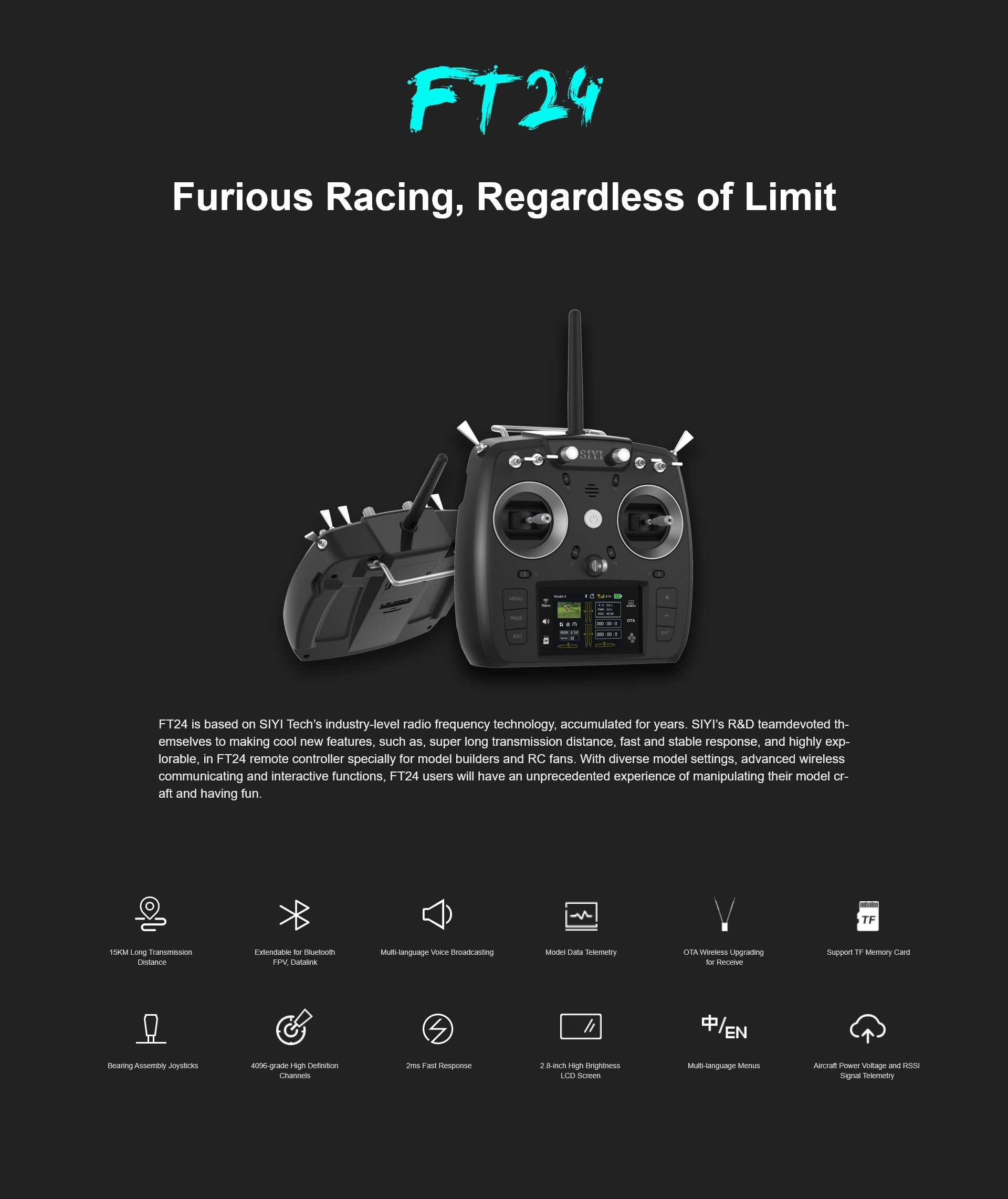 SIYI FT24 2.4GHz 12CH 15KM Long Range Transmitter with FR/FR Mini OTA Receiver Support External R9M/TBS Multi-protocol RF System for RC Drone