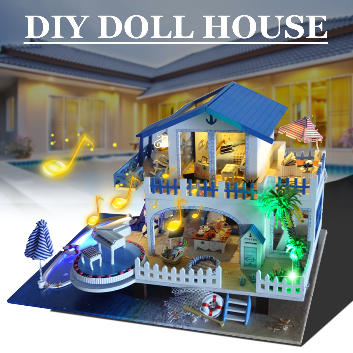 DIY Handcraft 3D Wooden Toy Miniature Kit Dollhouse LED Lights Music House Gift