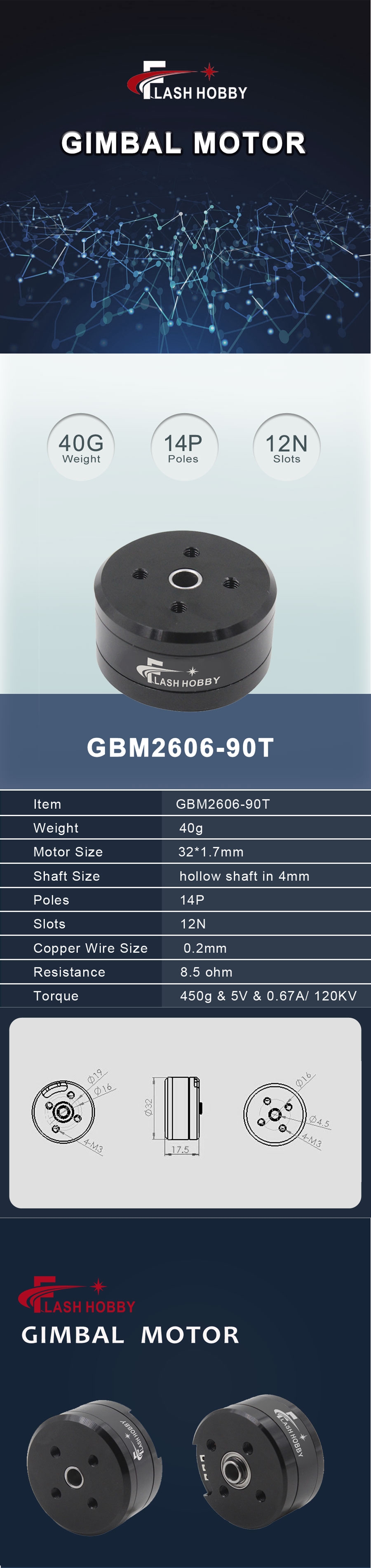 Flashhobby GBM2606-90T 120KV 14P12N 4mm Hollow Shaft 40g Gimbal Motor