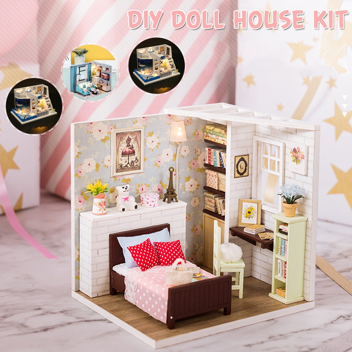 Wooden 3D DIY Handmade Assemble Doll House Miniature Kit with Furniture LED Light Education Toy for Kids Gift Collection