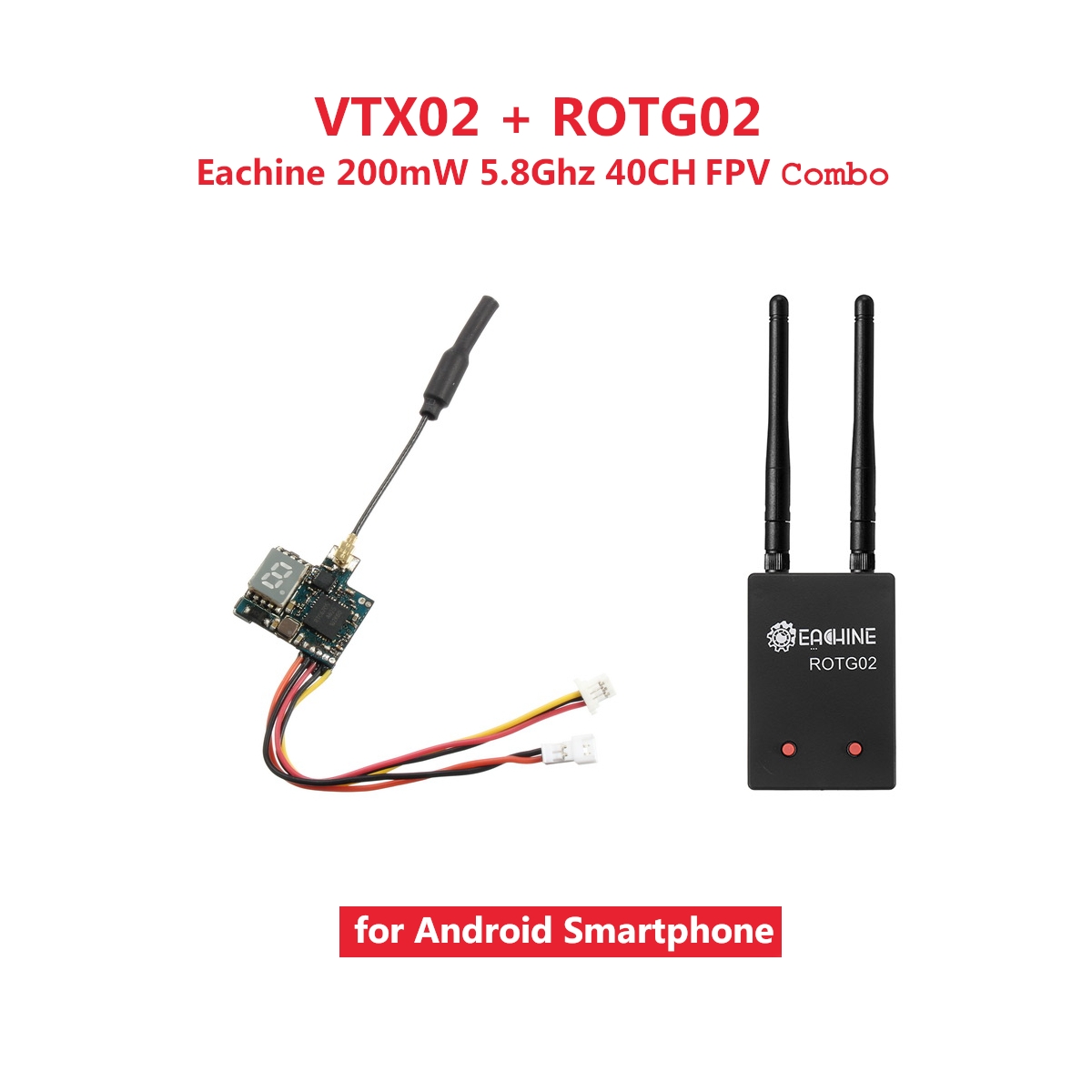 Eachine VTX02 + ROTG02 FPV Combo 5.8G 40CH 200mW Diversity Audio Transmitter Receiver Set Black for Android Phone