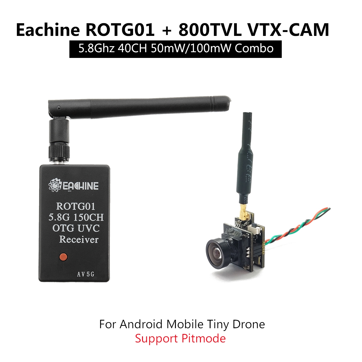 Eachine ROTG01 + 800tvl VTX-CAM UVC OTG 5.8G 40CH 50mW/100mW/Pitmode FPV Camera Transmitter Receiver Set For Android Smartphone