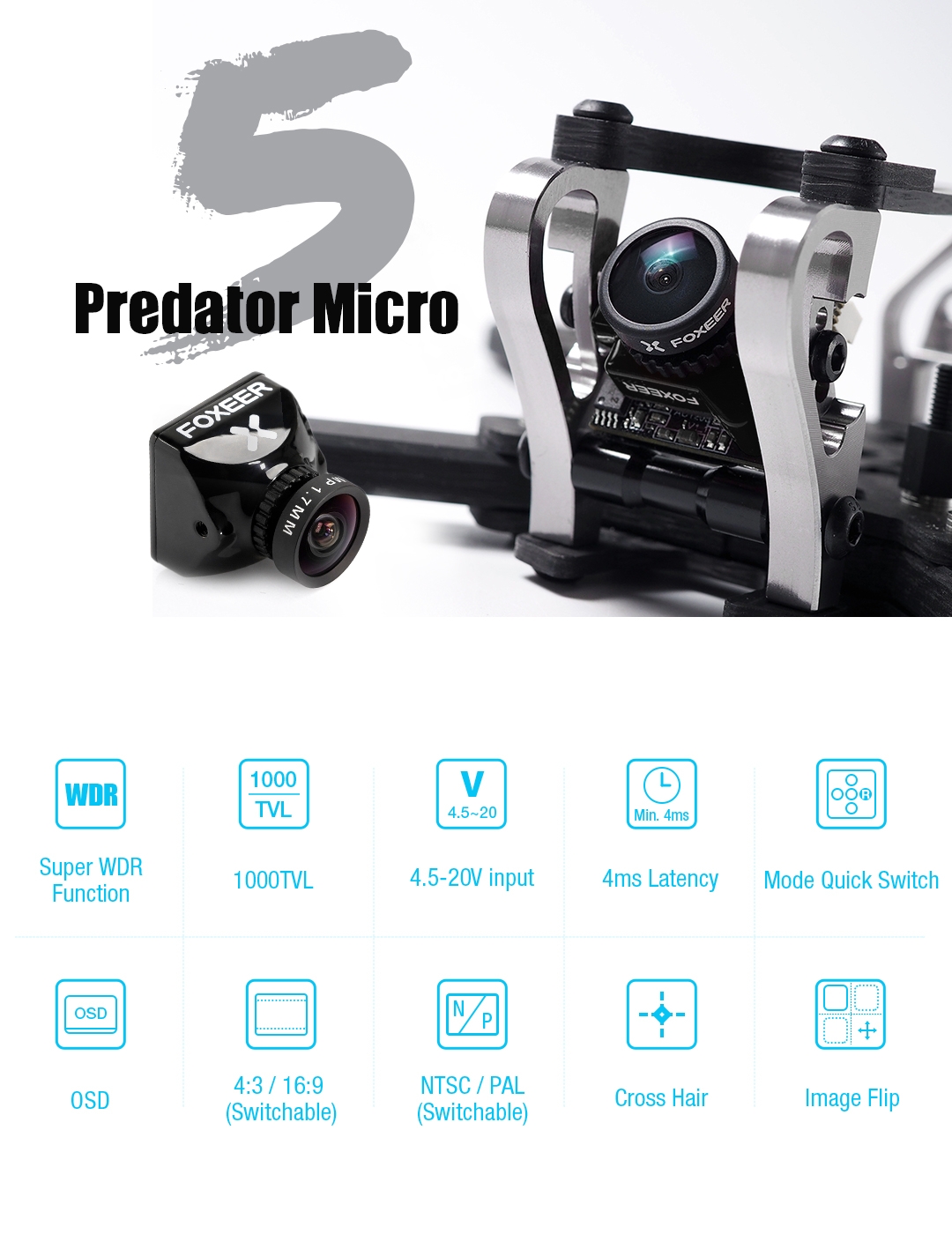 Foxeer Micro Predator 5 Racing FPV Camera 1000TVL 1.7mm M8 Lens 4ms Latency Super WDR