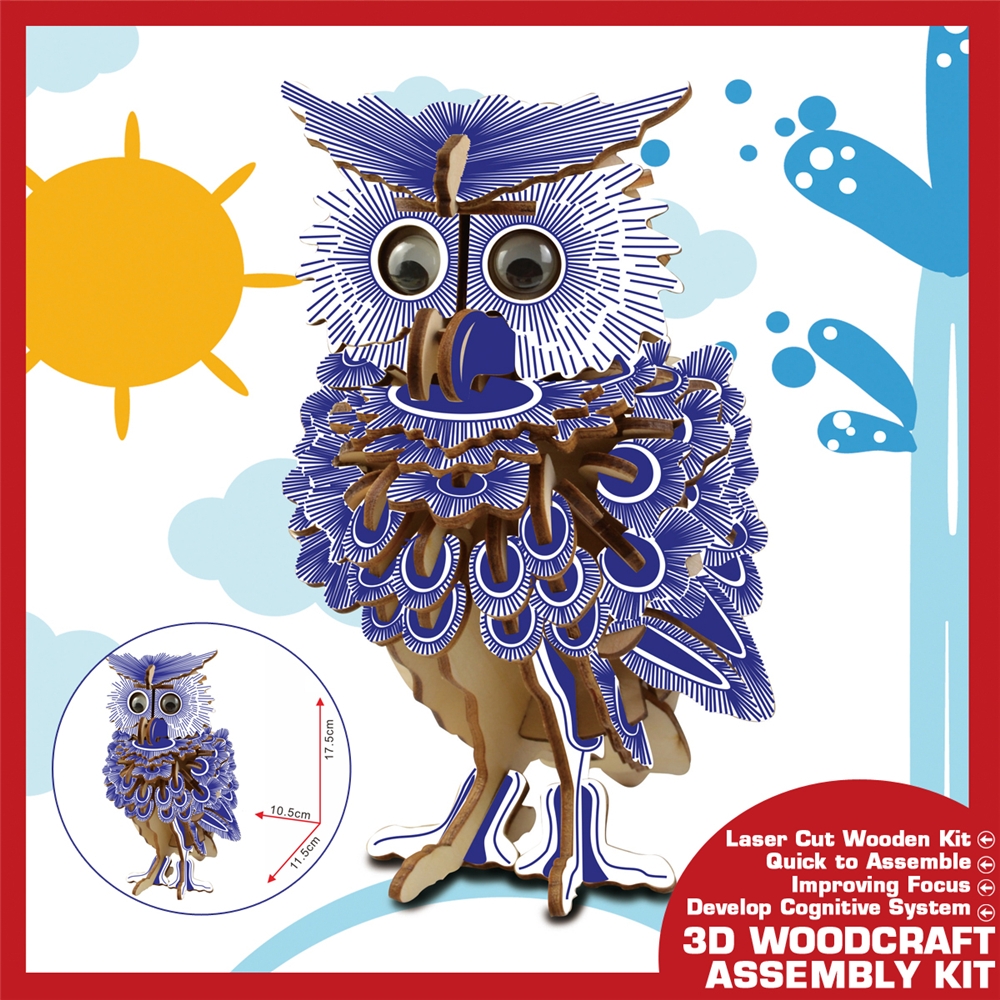 3D Woodcraft Assembly Kit Blue Owl With Eyes For Children Toys