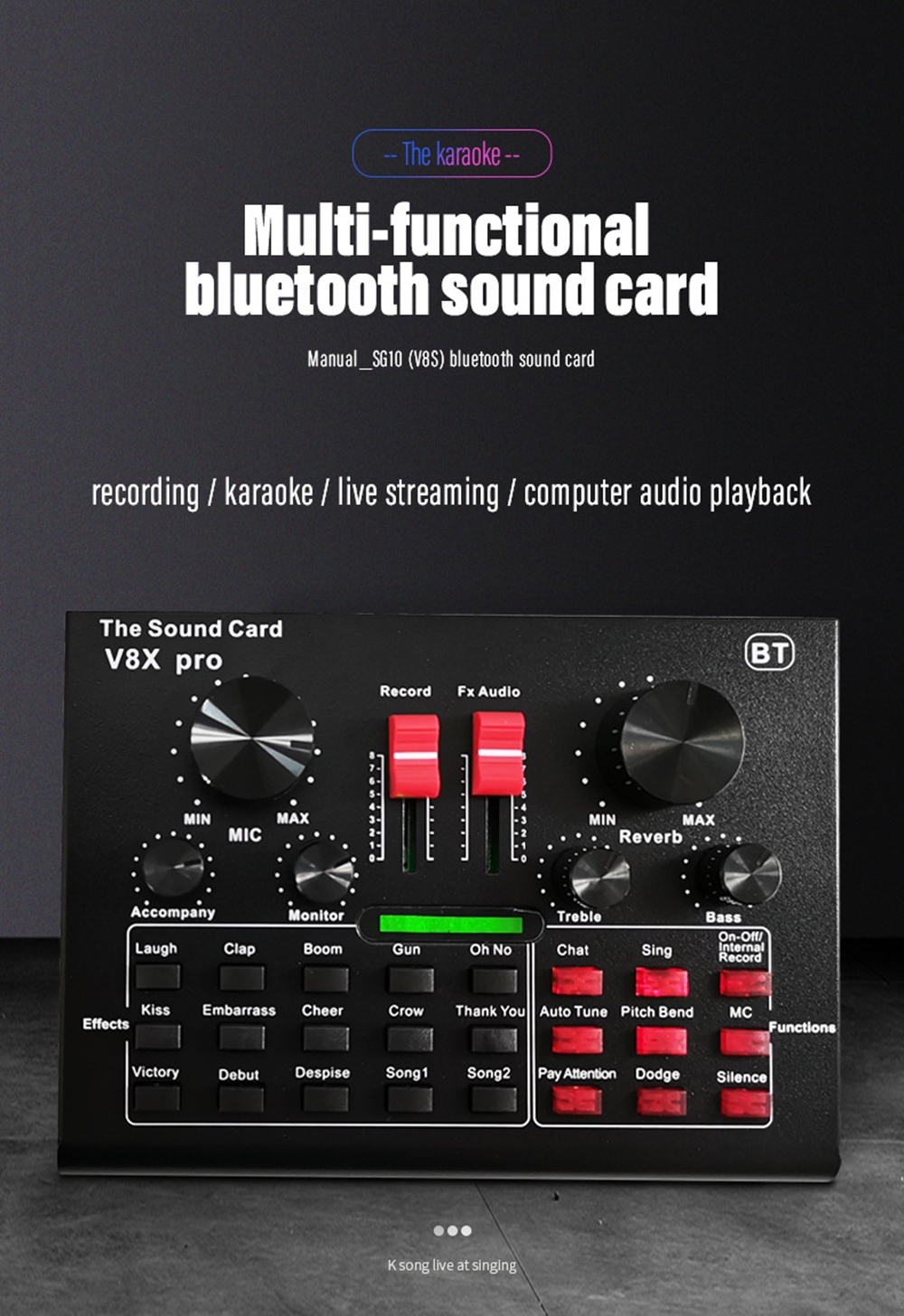 V8X PRO External Audio Mixer USB Interface Sound Card with 15 Sound Modes Multiple Sound Effects