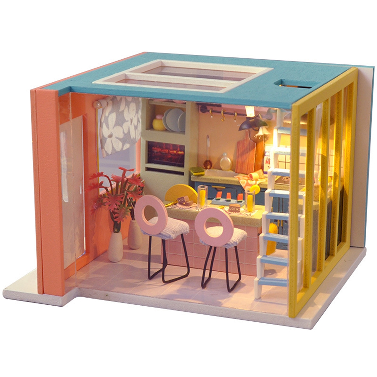 Wooden Kitchen DIY Handmade Assemble Doll House Miniature Furniture Kit Education Toy with LED Light for Kids Gift Collection