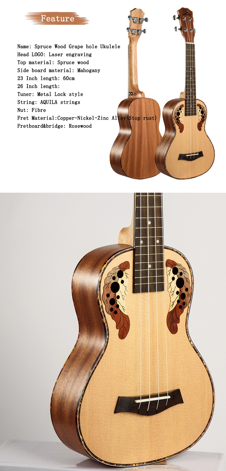 Chensheng 23 Inch 26 Inch Spruce wood Grape Hole Ukulele 4 Strings Guitar