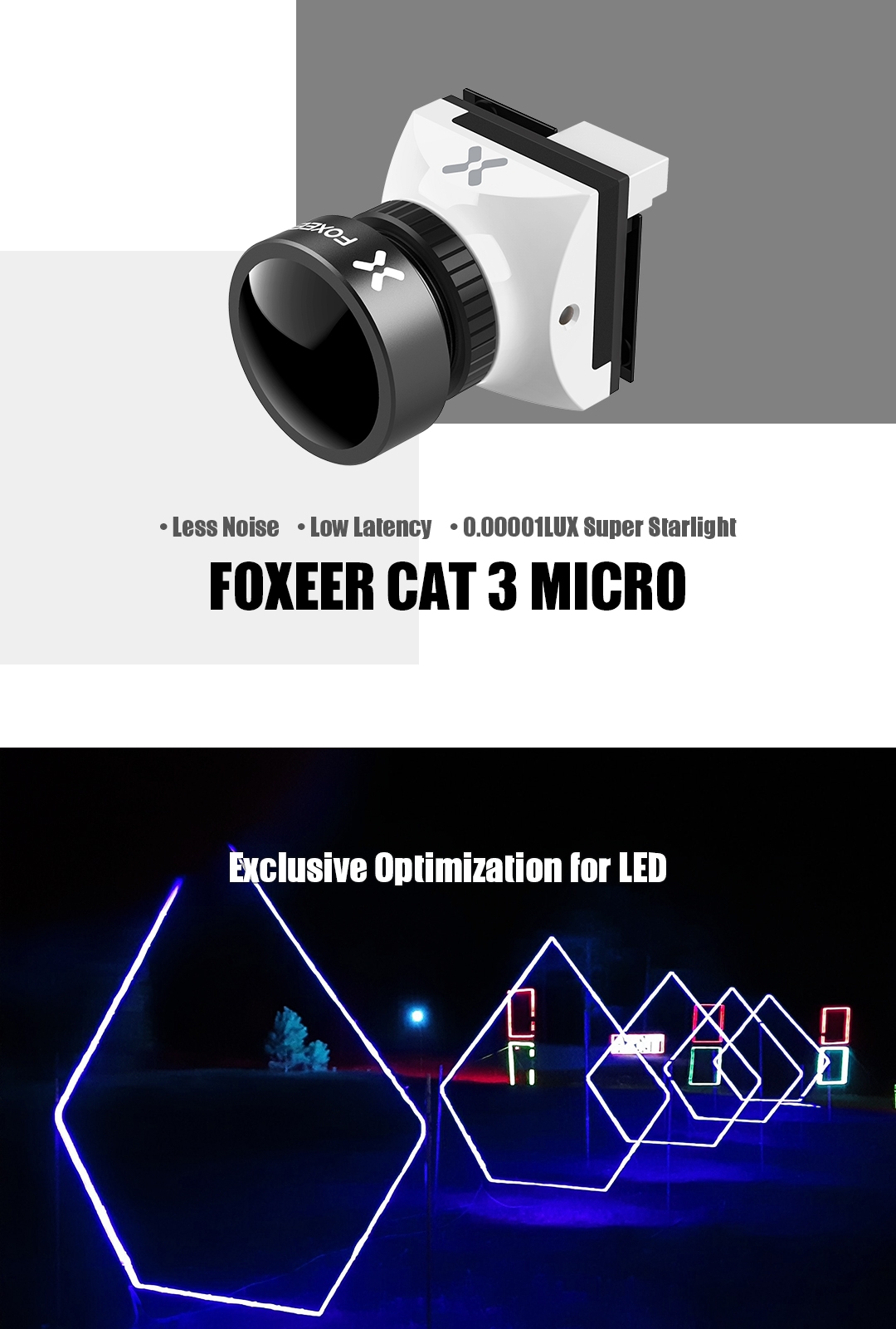 Foxeer Micro Cat 3 1200TVL 0.00001lux Low Light Night FPV Camera Support OSD & Menu Remote for FPV Racing RC Drone Black/White